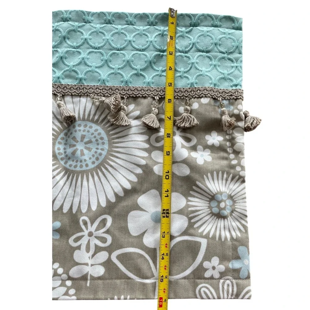 Pair (2) Custom Lined Boho Floral & Aqua Matelasse Beaded Valances 43